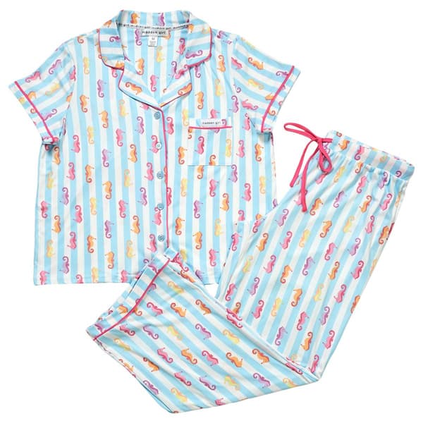 Juniors Madden Girl Short Sleeve Seahorses & Stripe Pajama Set - image 
