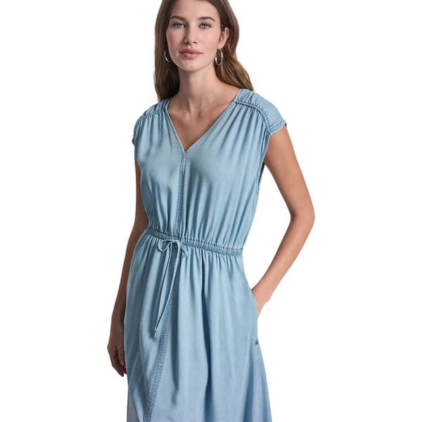 Womens DKNY Jeans Ruch Shoulder V Neck Midi Dress