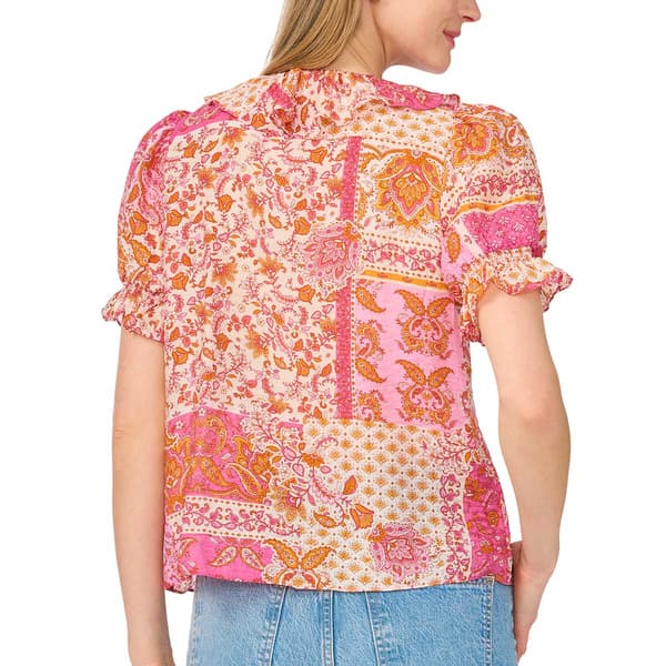 Womens Cece Short Sleeve V Neck Ruffle Front Patchwork Blouse