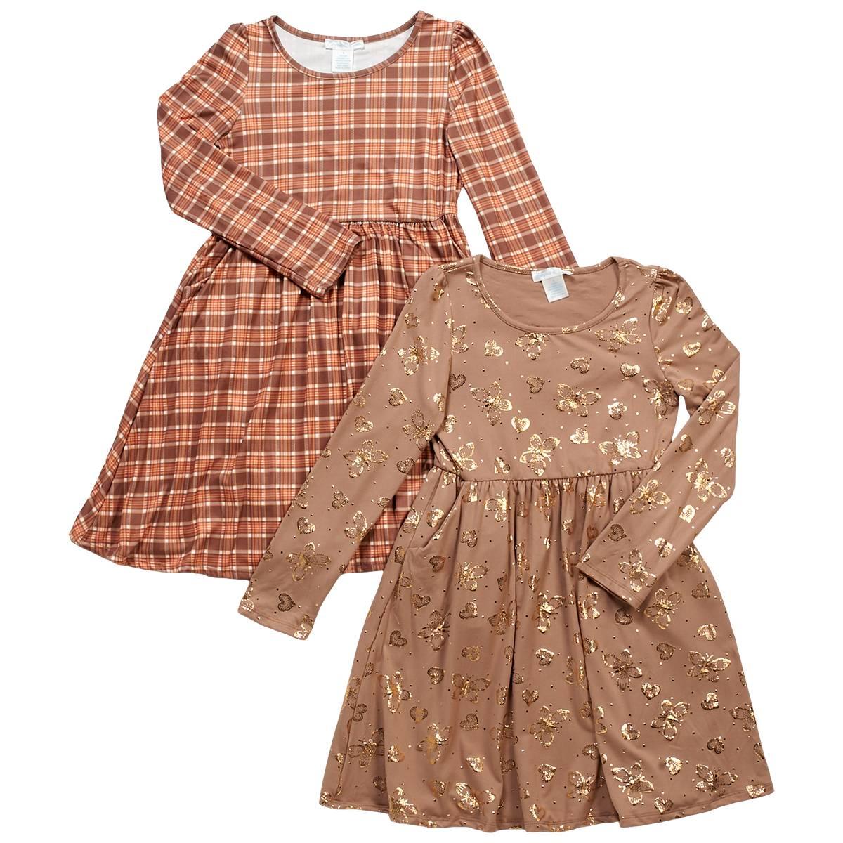 Girls (4-6x) Emma & Elsa 2pk. Long Sleeve Plaid/Butterfly Dresses