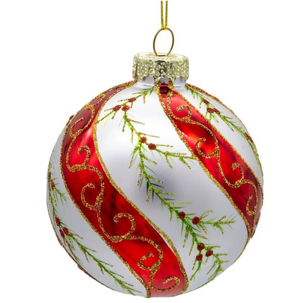 Kurt Adler 6pc. Glass Red & White Holly Leaves Ball Ornament Set - image 