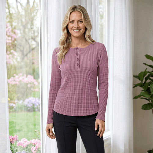 Womens MNK Long Sleeve Solid Waffle Henley Tee - image 