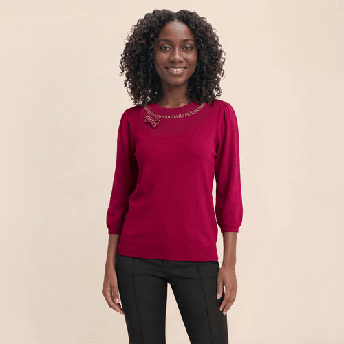 Womens Nicole Miller Long Sleeve Rhinestone Neck Bow Sweater - image 