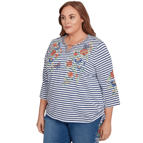 Plus Size Alfred Dunner El Paso Floral Stripe Side Ruched Blouse