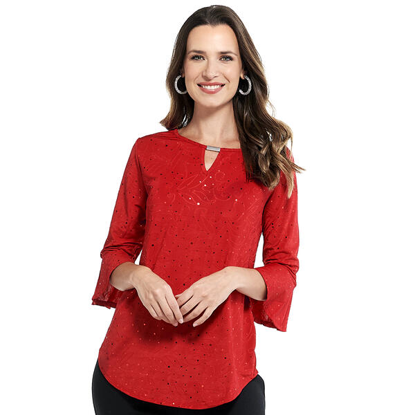 Womens Notations 3/4 Ruffle Sleeve Disco Dot Keyhole Blouse - image 