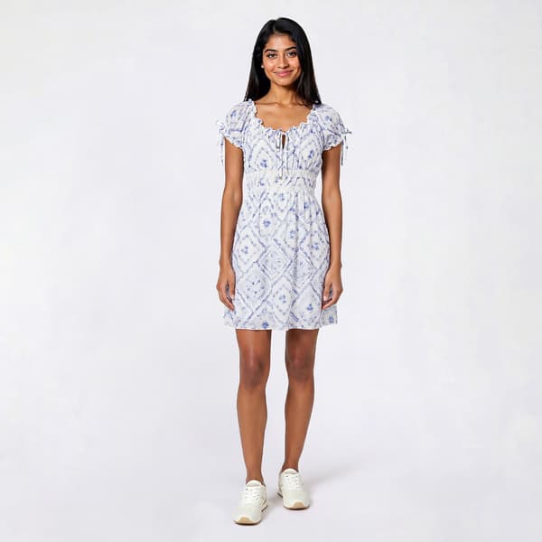 Juniors Pink Rose Print Crinkle Gauze Tie Front Skater Dress