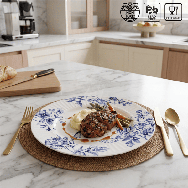 222 Fifth Cassian Embossed Toile Blue 12pc. Dinnerware Set