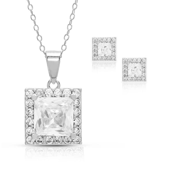 2pc. Silver Plated & CZ Square Halo Earrings & Pendant Set - image 