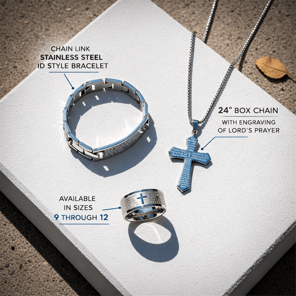 Mens Iron Saints Cross Blue Stone Bead Chain Bracelet