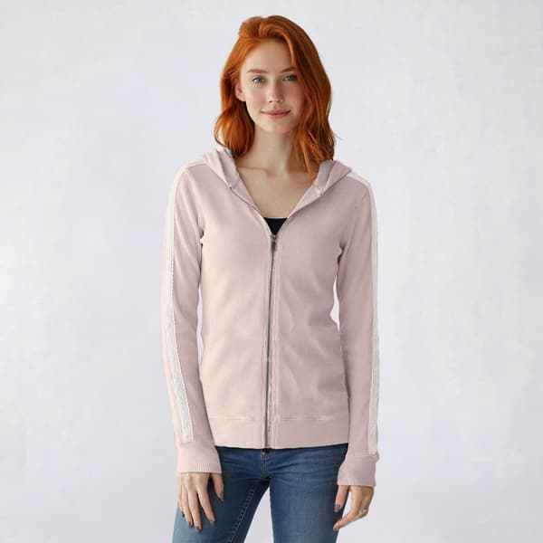 Juniors No Comment Waffle Ditsy Lace Zip Hoodie with Thumbhole - image 