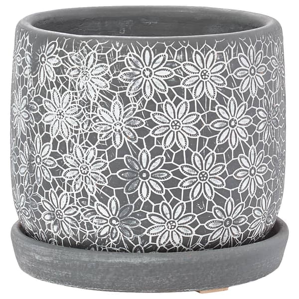 Grey Floral Planter with Saucer - image 