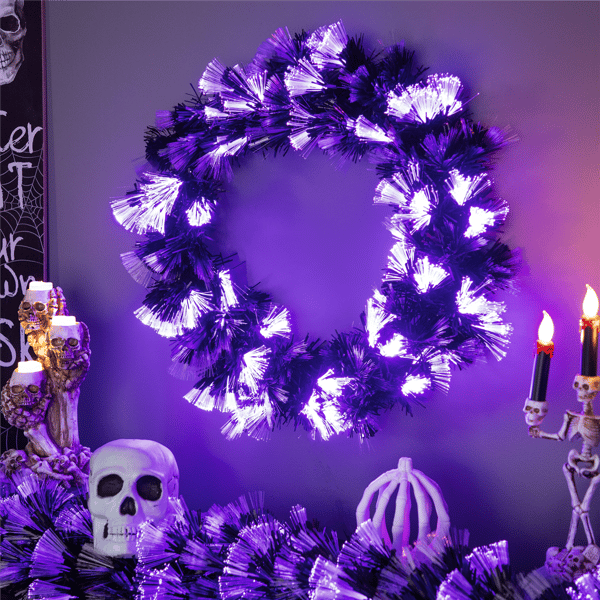 Northlight 24in. Black Fiber Optic Artificial Halloween Wreath