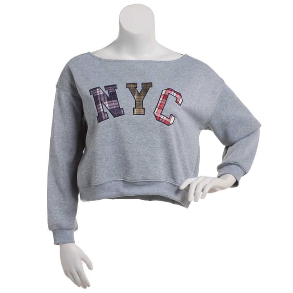 Juniors No Comment Off Shoulder Pullover with NYC Applique