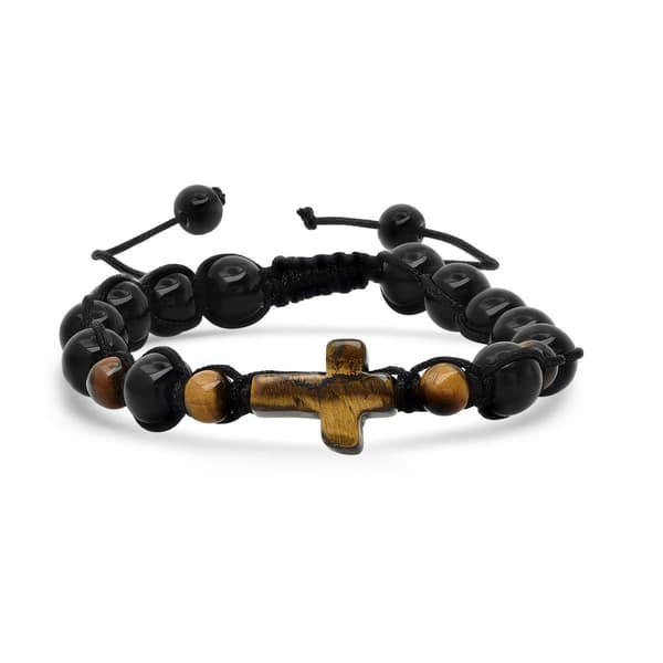 Mens Tiger Eye Cross and Beaded Drawstring Bracelet - image 