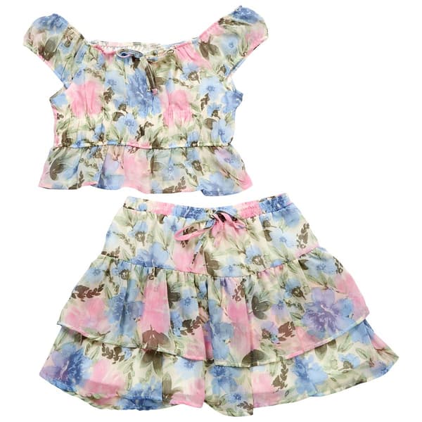 Girls (7-16) No Comment Floral Cap Sleeve Peplum Top & Skirt Set - image 