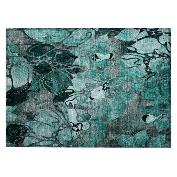 HomeRoots Teal Black & Grey Abstract Indoor Outdoor Accent Rug