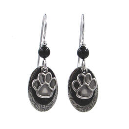 Silver Forest Layered Ovals Paw Print Dangle Earrings