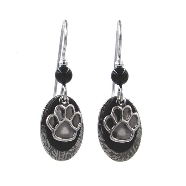 Silver Forest Layered Ovals Paw Print Dangle Earrings - image 