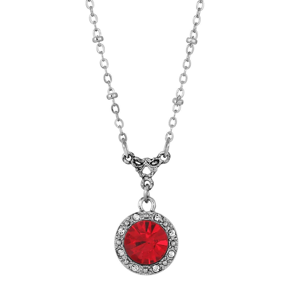 1928 Silver Tone Round Red Crystal w/ Clear Crystal Necklace