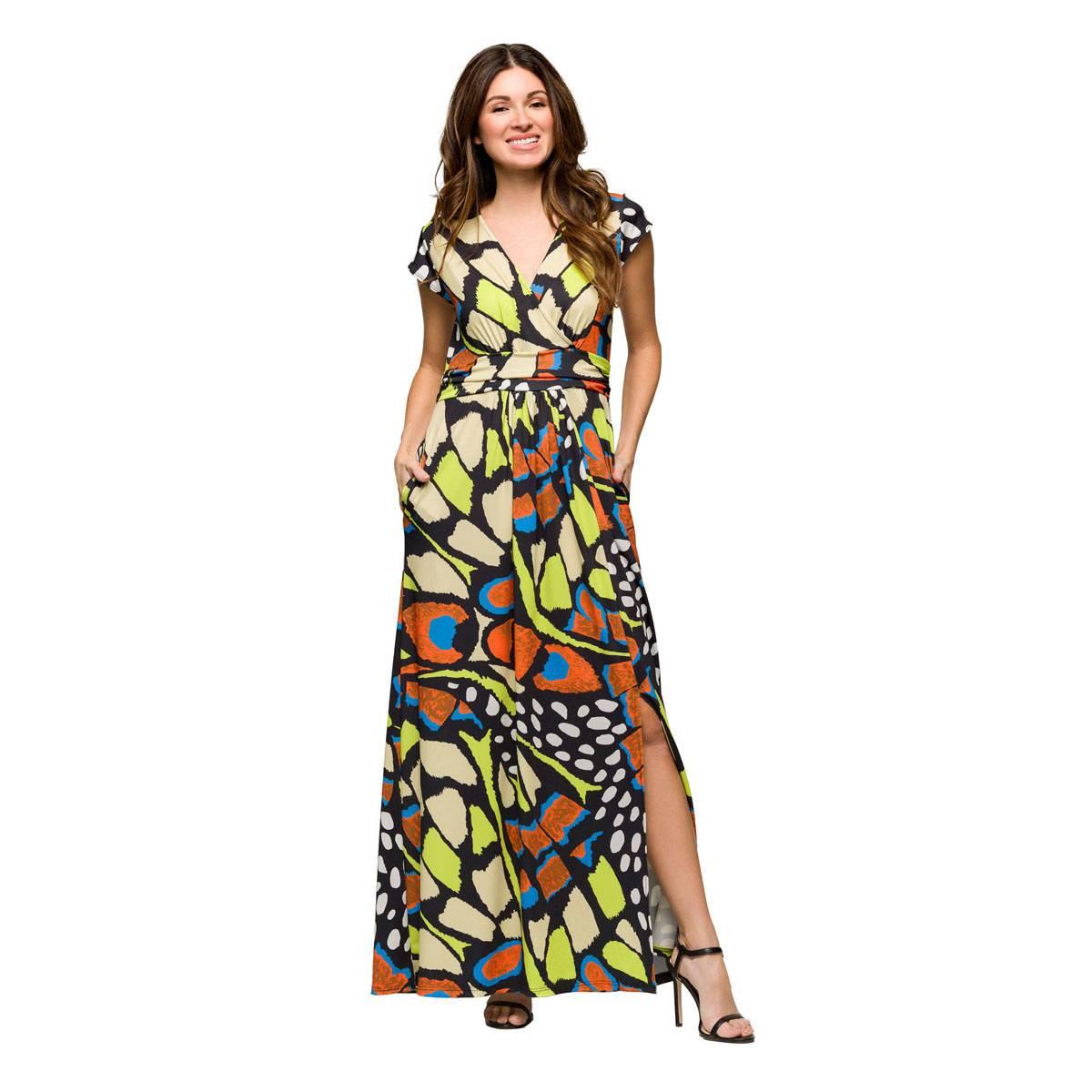 Womens 24/7 Comfort Apparel Butterfly Side Slit Pocket Maxi Dress