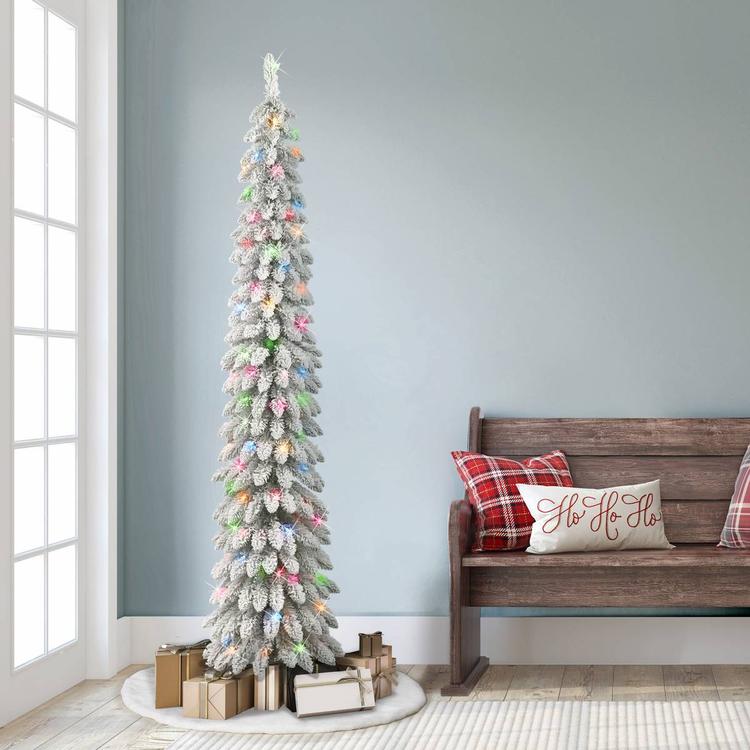 Puleo International 7ft. Pre-Lit Flocked Pencil Christmas Tree