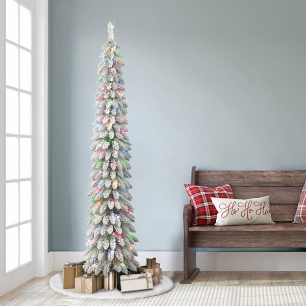 Puleo International 7ft. Pre-Lit Flocked Pencil Christmas Tree