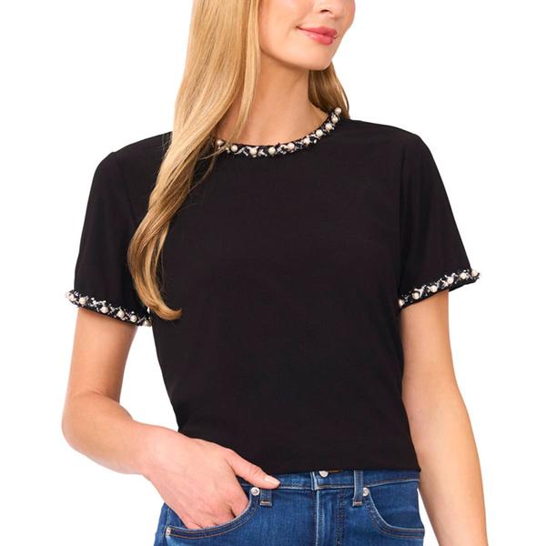 Womens Cece Short Sleeve Tee with Pearl Trim Embellishment