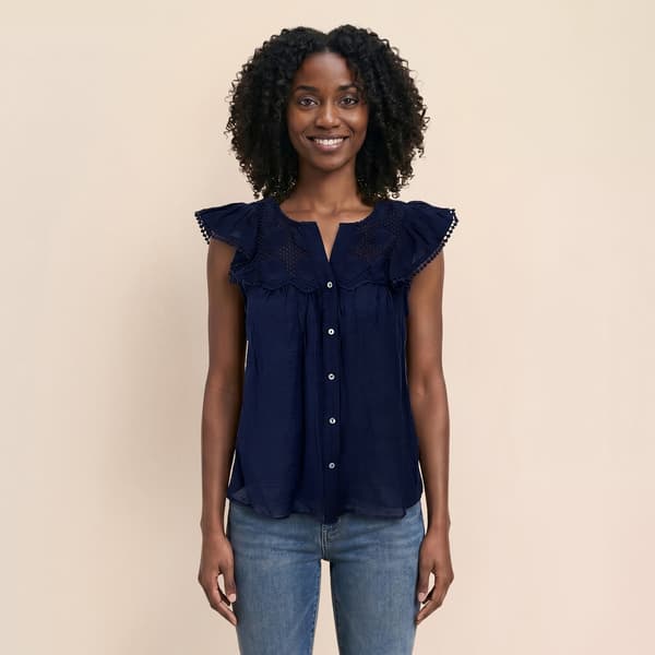 Womens Nanette Lepore Cap Sleeve Bobble Trim Button Front Blouse