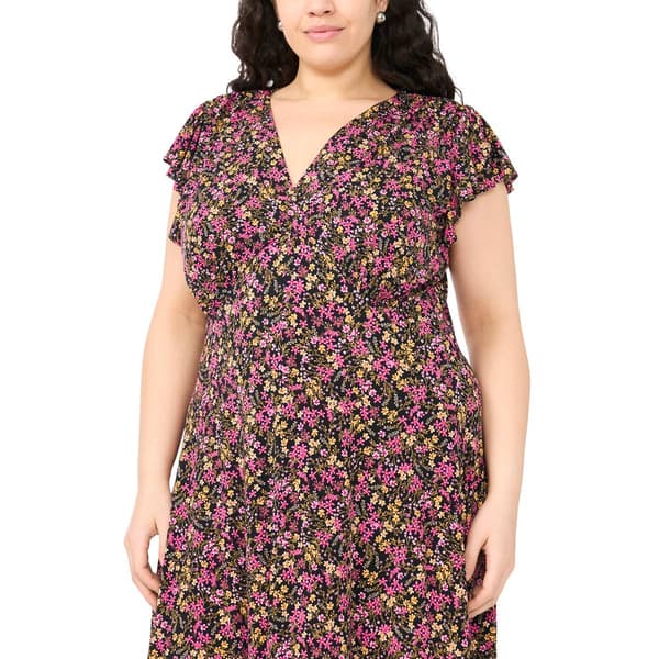 Plus Size MSK Flutter Cap Sleeve V Neck Ditsy Floral Midi Dress