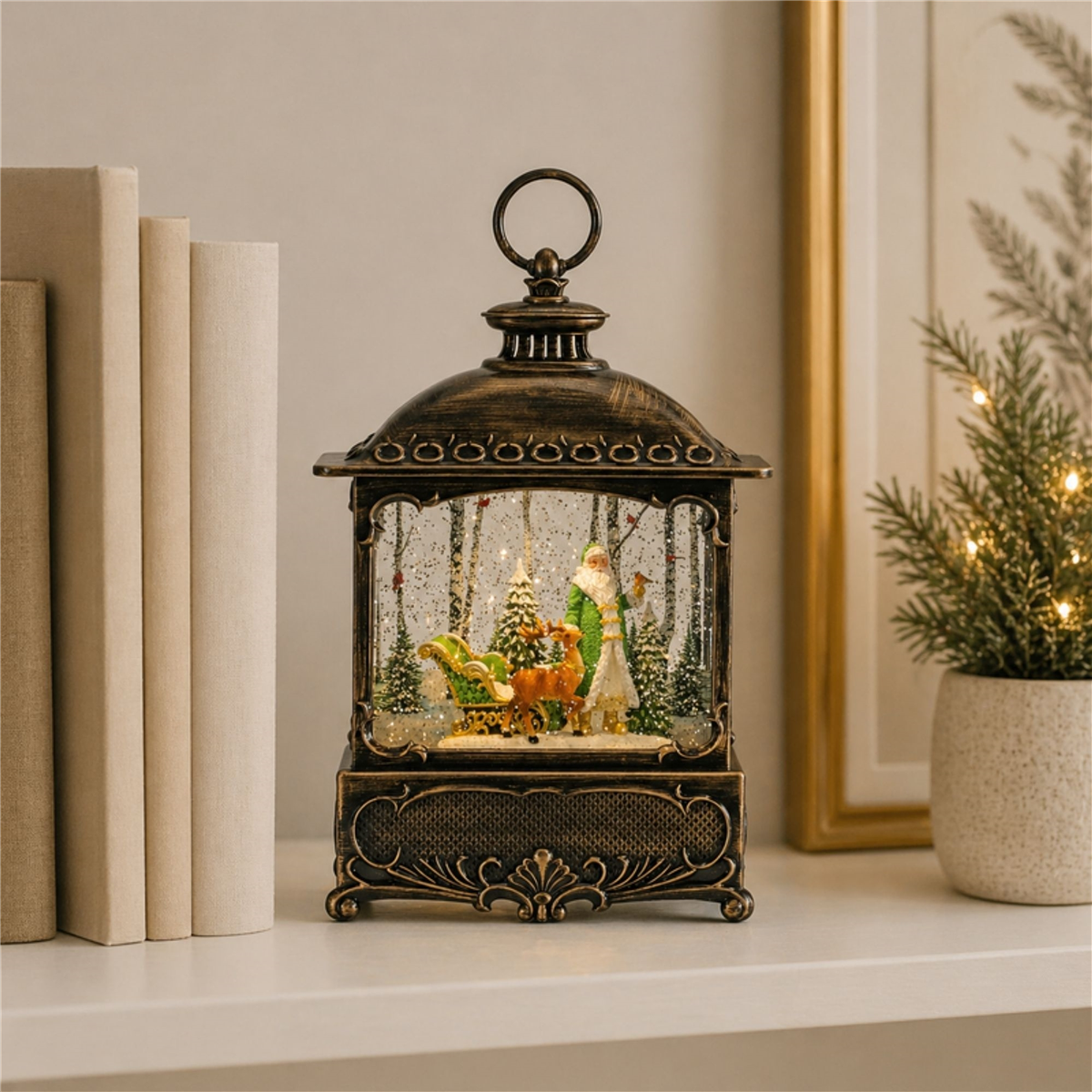 Melrose LED Snow Globe Lantern with Santa & Woodland Animals