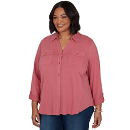 Plus Size Ruby Rd. Game of Luxe Tab Sleeve Casual Button Down
