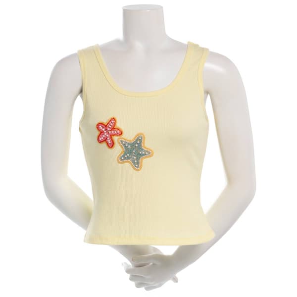 Juniors No Comment Corner Beaded Applique Rib Tank Top -Anise - image 