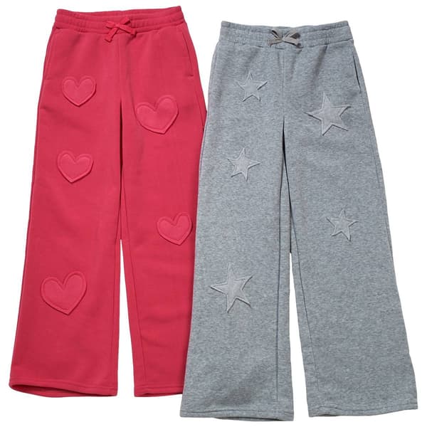Girls (7-14) 1st Kiss 2pk. Fleece Wide Leg Star/Heart Patch Pants - image 