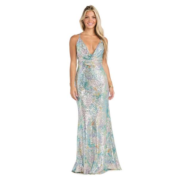 Juniors Morgan & Co. Printed Sequin Cowl Neck Sheath Dress - image 