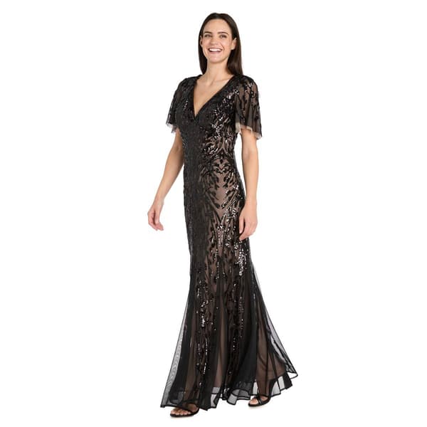 Plus Size R&M Richards Flutter Sleeve V-Neck Sequin Evening Gown