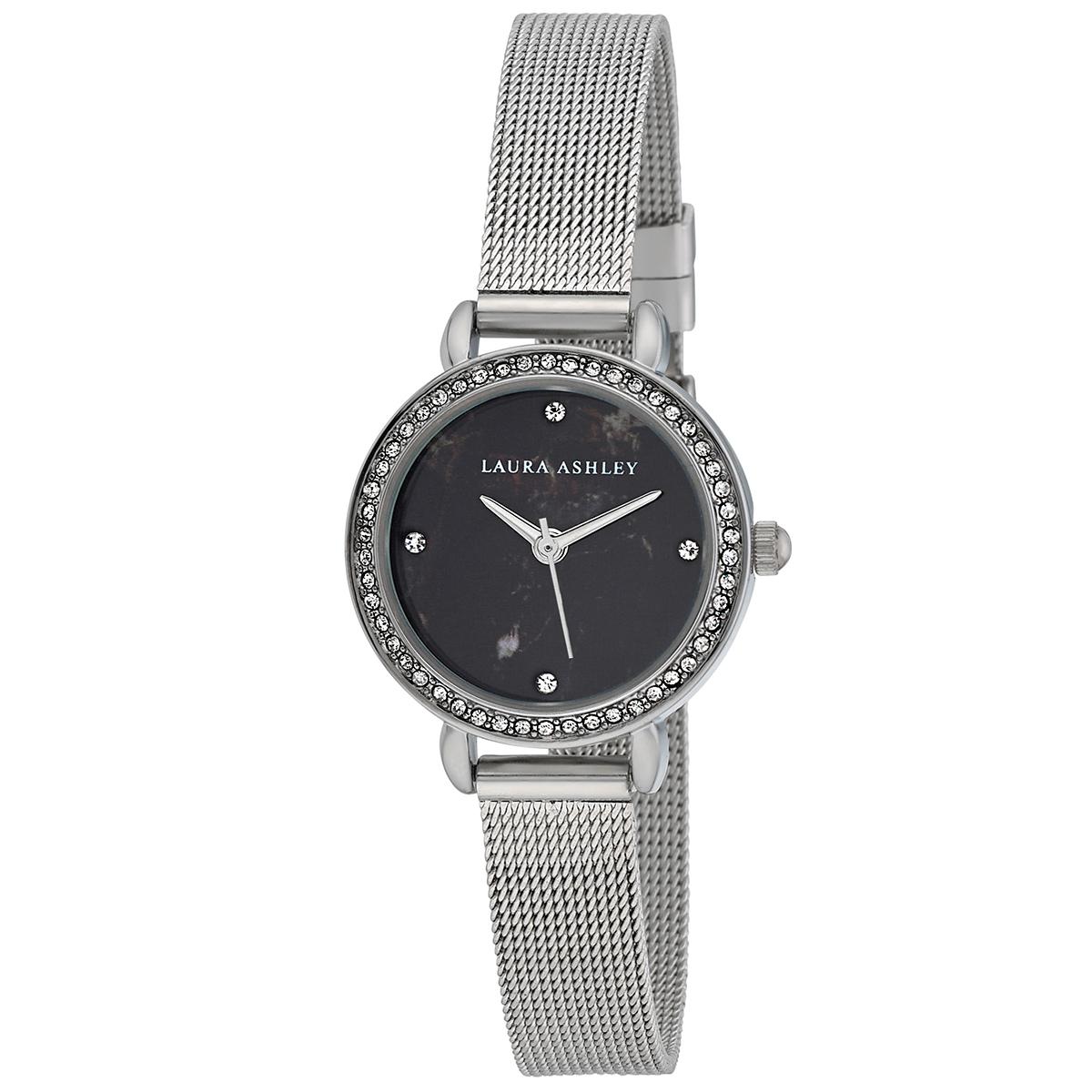 Womens Laura Ashley® Black/Silver Mesh Strap Watch -...