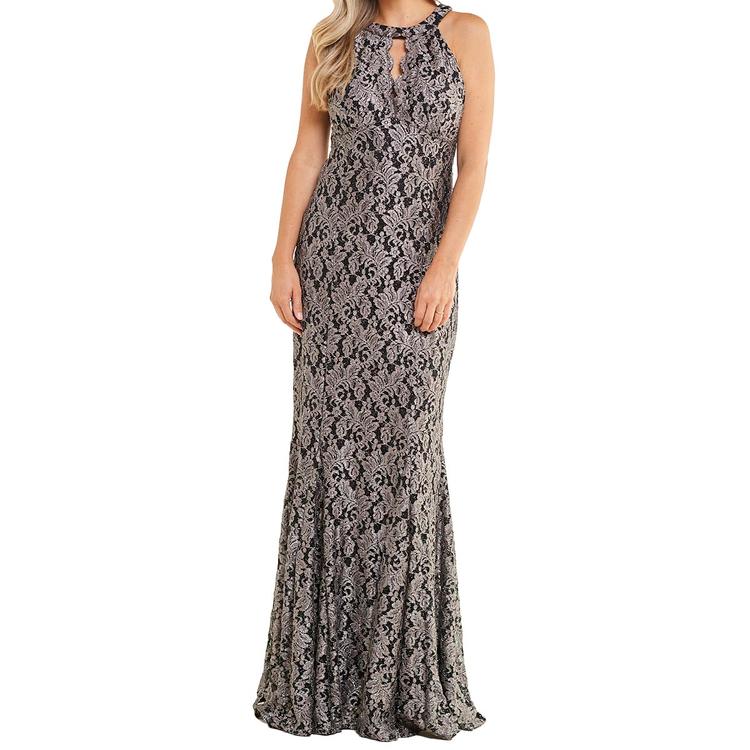 Womens R&M Richards Sleeveless Halter Two Tone Lace Evening Gown