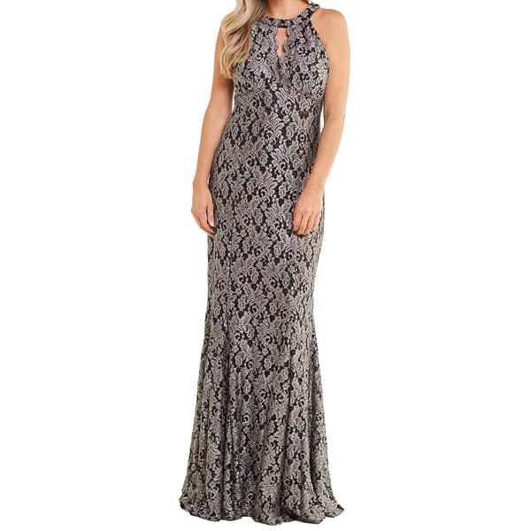 Womens R&M Richards Sleeveless Halter Two Tone Lace Evening Gown