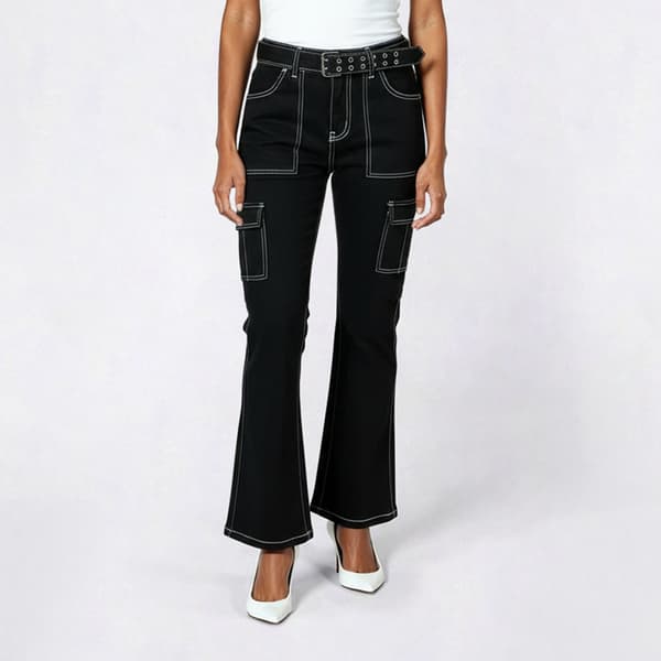 Juniors No Comment Cargo Flare Jeans with Matching Denim Belt - image 