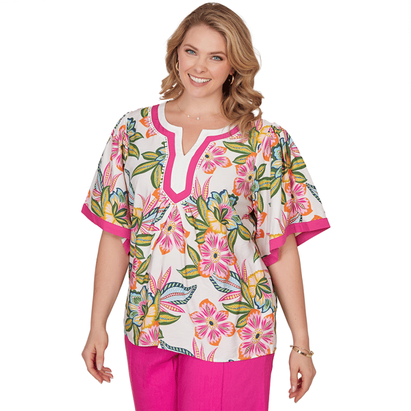 Plus Size Ruby Rd. Hothouse Florals Short Sleeve Tropical Blouse