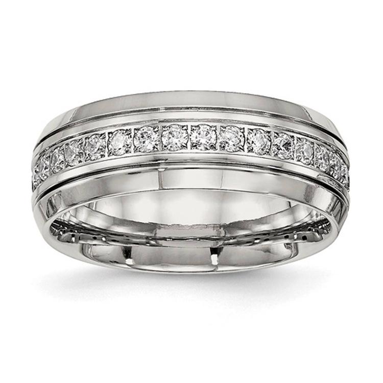 Mens Gentlemens Classics(tm) Grooved & Cubic Zirconia Accented Band