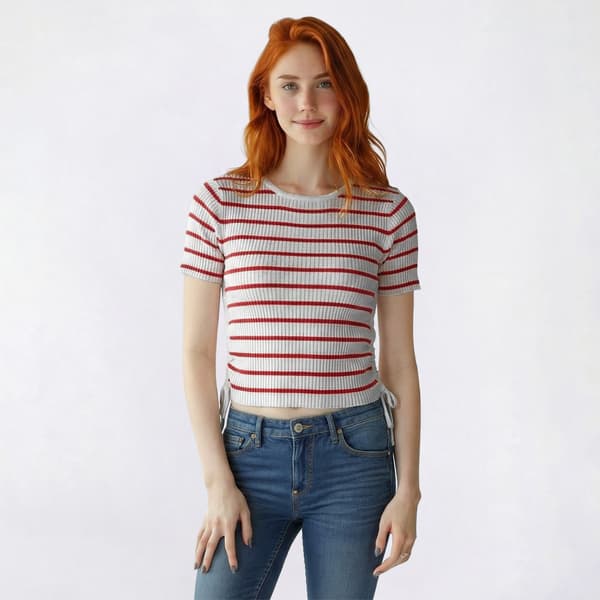Juniors Pink Rose Short Sleeve Stripe Ruched Cropped Sweater - image 