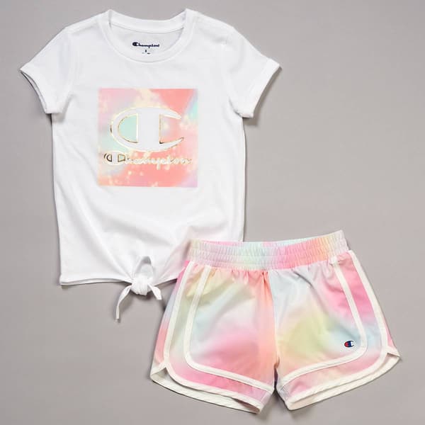 Girls (4-6x) Champion(R) 2pc. Tie Front Tee w/ Ombre Woven Shorts