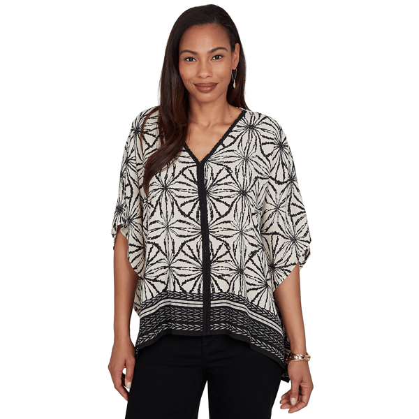 Womens Ruby Rd. Tropical Noir Elbow Sleeve Medallion Blouse