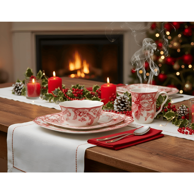 222 Fifth Christmas Lane 16pc. Porcelain Red Dinnerware Set