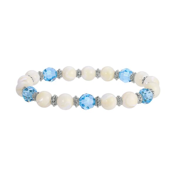 1928 Silver Tone Mother Of Pearl w/Aqua Stone Stretch Bracelet - image 