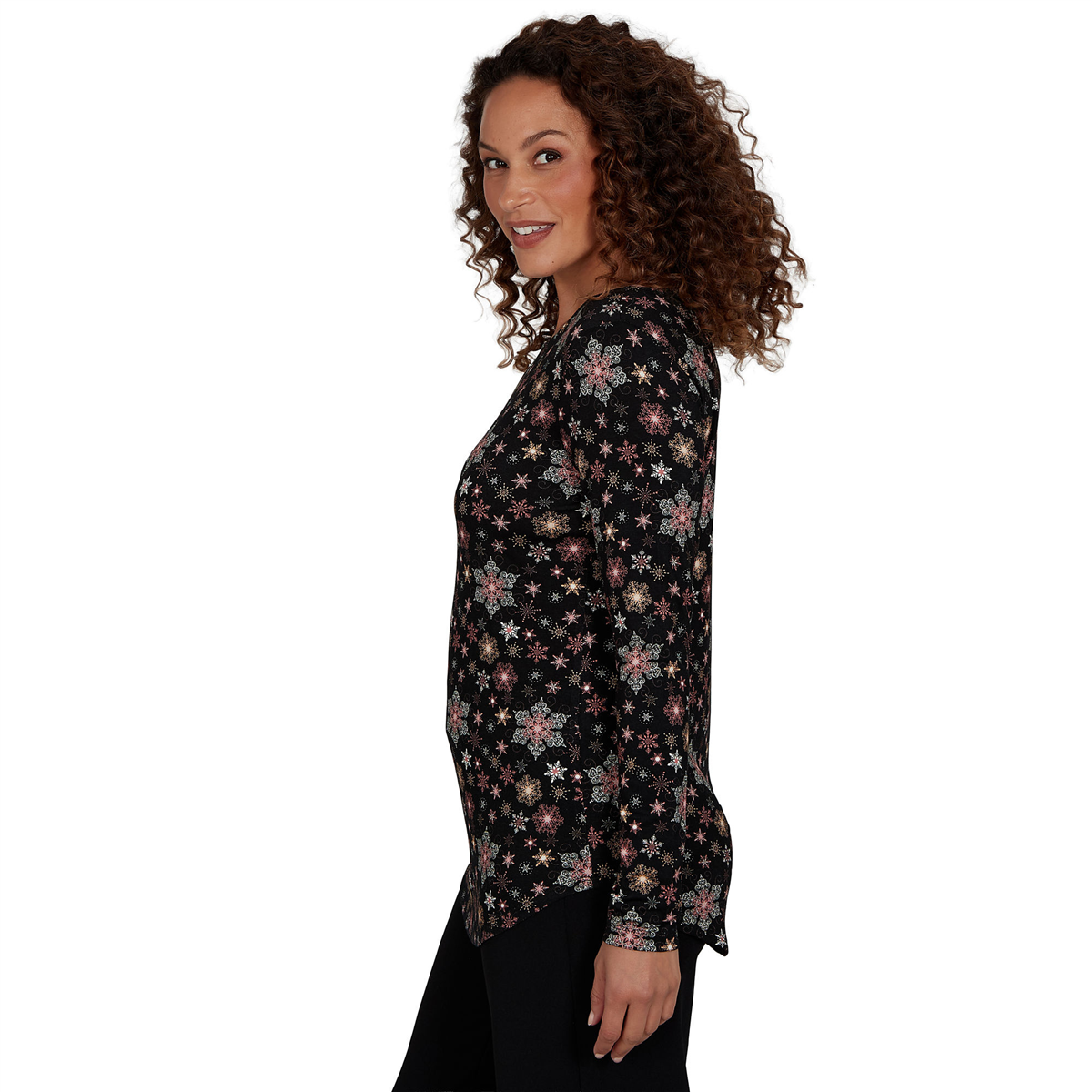 Womens Emaline Holiday Festivities Long Sleeve Snowflake Tee