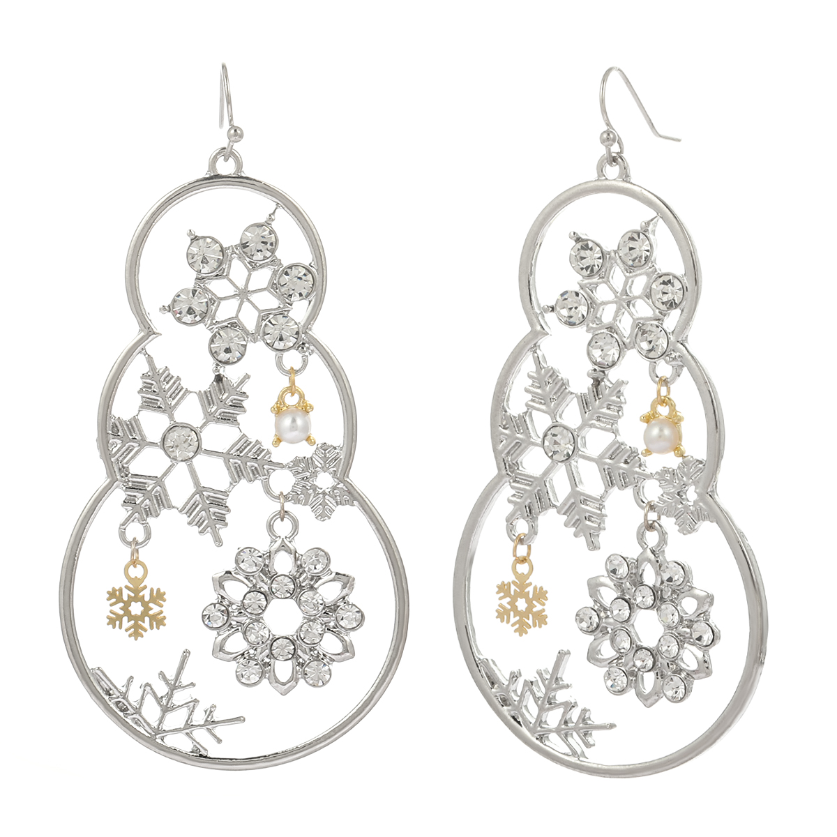 Silver Snowman Drop Earrings w/ Snowflakes & Pearls
