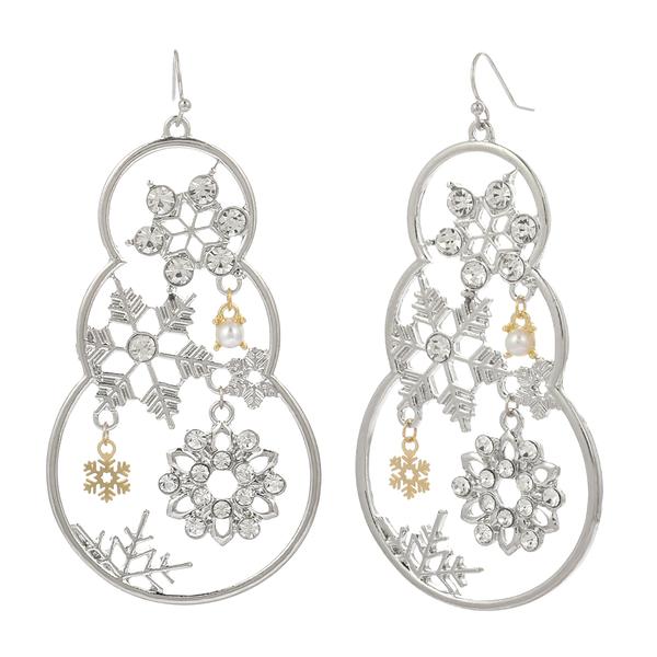 Silver Snowman Drop Earrings w/ Snowflakes & Pearls - image 