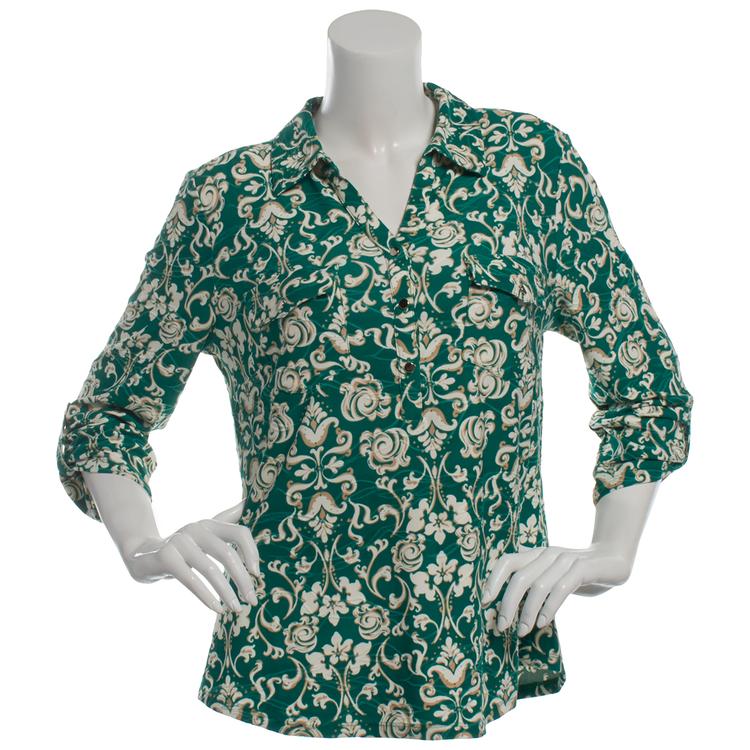 Womens Emily Daniels 3/4 Sleeve Two Pocket Scroll Henley Blouse